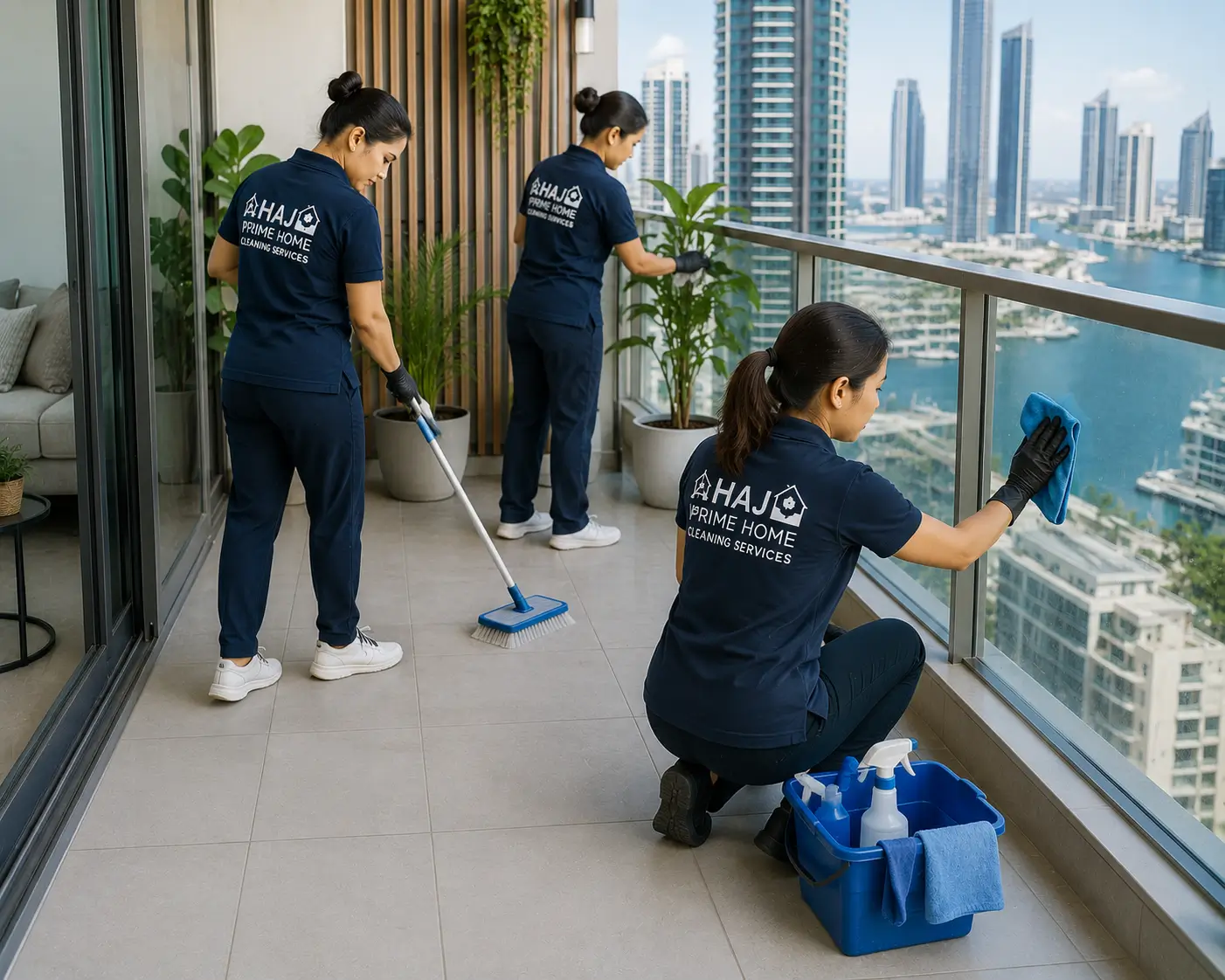 Balcony Cleaning in Dubai — HAJ Prime professional female cleaning staff