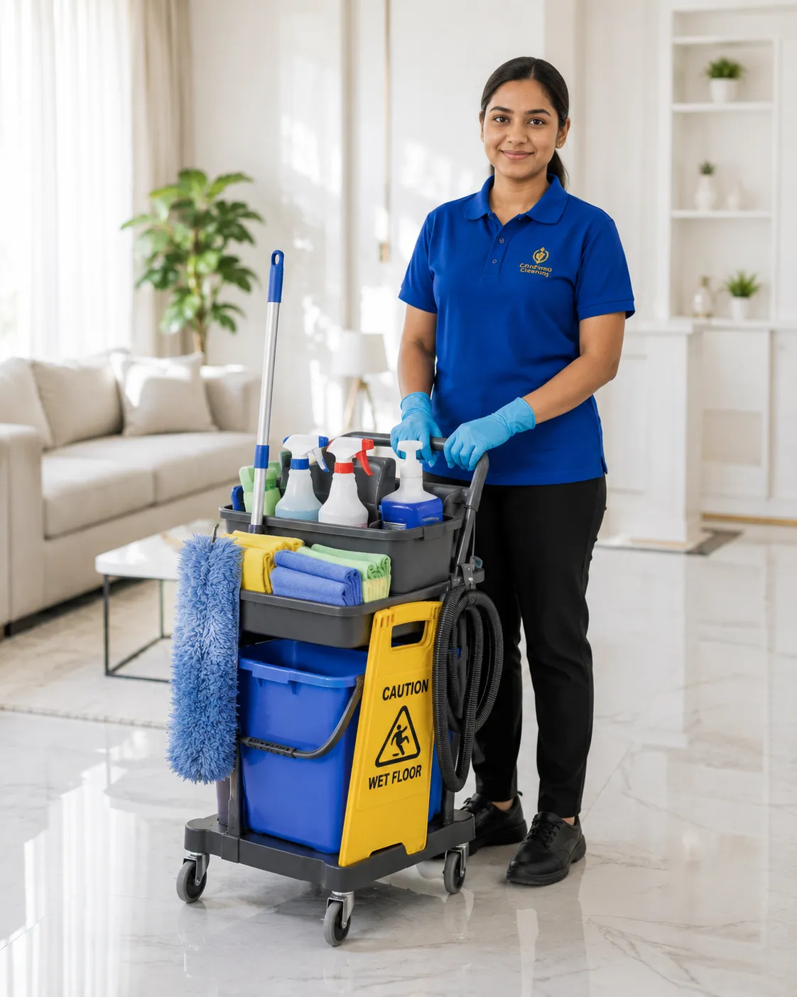 Trained female cleaning staff preparing equipment